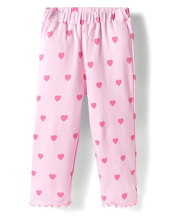 Babyhug Cotton Knit Full Length Co-ords Night Suit With Heart Print - Pink