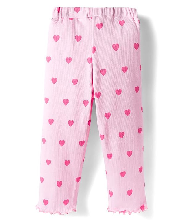 Babyhug Cotton Knit Full Length Co-ords Night Suit With Heart Print - Pink
