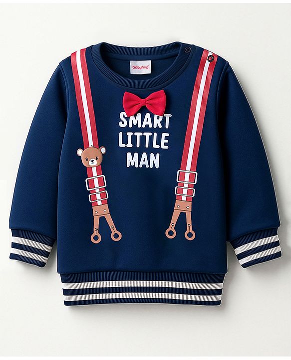 Babyhug Cotton Knit Full Sleeves Sweatshirt With Teddy Bear Print & Bow Applique - Navy Blue