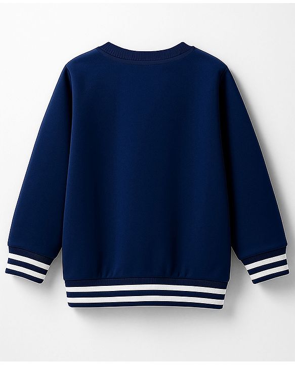 Babyhug Cotton Knit Full Sleeves Sweatshirt With Teddy Bear Print & Bow Applique - Navy Blue