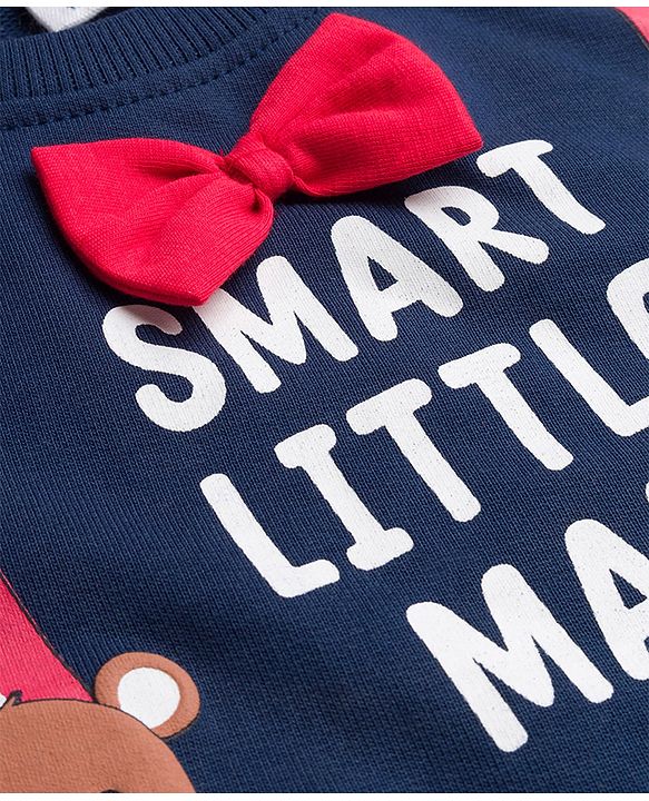 Babyhug Cotton Knit Full Sleeves Sweatshirt With Teddy Bear Print & Bow Applique - Navy Blue