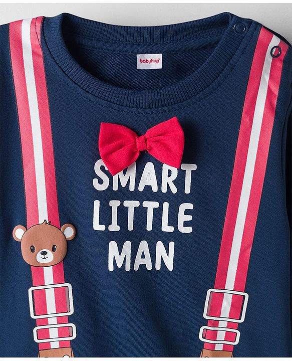 Babyhug Cotton Knit Full Sleeves Sweatshirt With Teddy Bear Print & Bow Applique - Navy Blue
