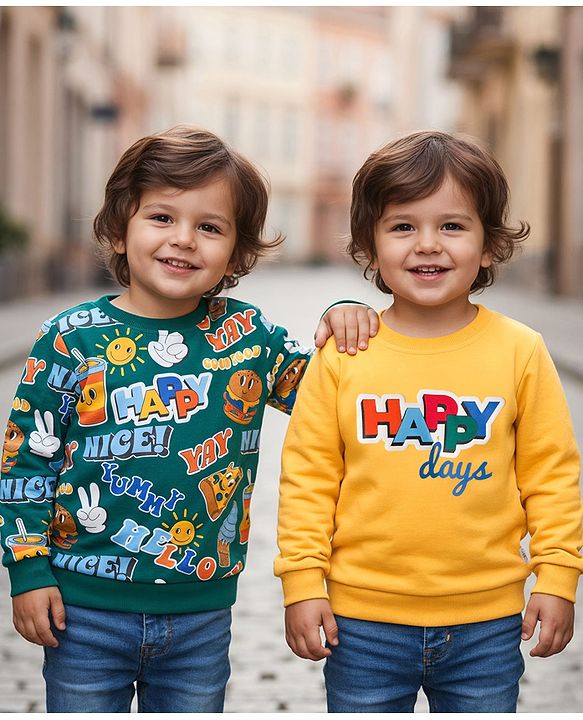 Babyhug Cotton Knit Full Sleeves Sweatshirts with Happy Days Text Print Pack of 2 - Yellow & Dark Green