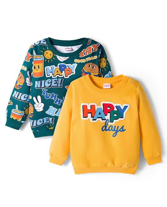 Babyhug Cotton Knit Full Sleeves Sweatshirts with Happy Days Text Print Pack of 2 - Yellow & Dark Green