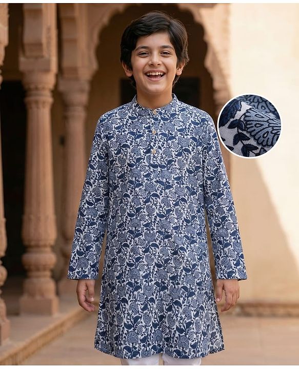 Pine Kids Cotton Woven Full Sleeves Printed Kurta - Blue