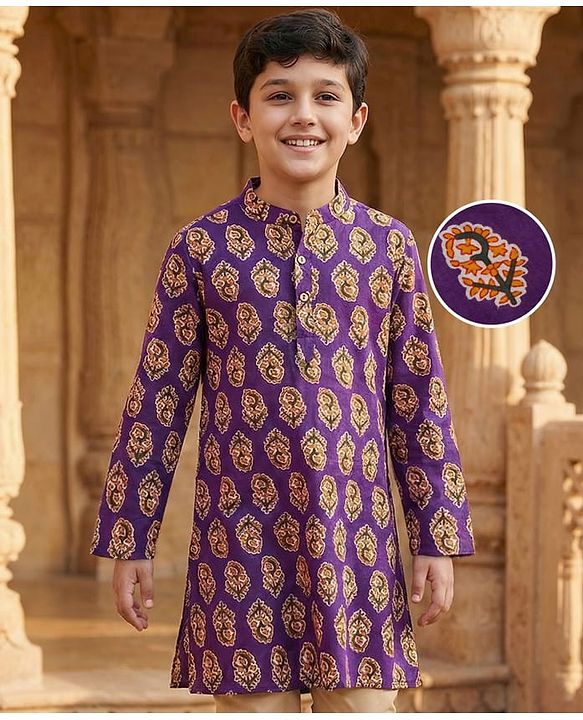 Pine Kids Cotton Woven Full Sleeves Kurta with Floral Print - Purple