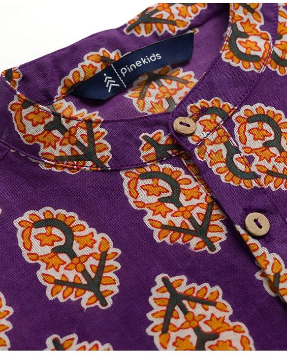 Pine Kids Cotton Woven Full Sleeves Kurta with Floral Print - Purple