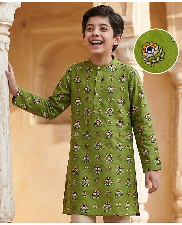 Pine Kids Cotton Woven Full Sleeves Floral Printed Kurta  - Green