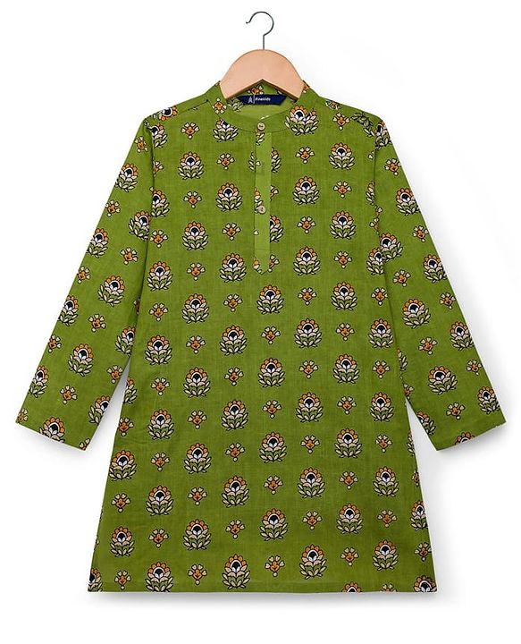 Pine Kids Cotton Woven Full Sleeves Floral Printed Kurta  - Green