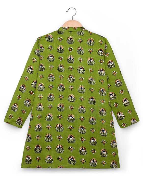 Pine Kids Cotton Woven Full Sleeves Floral Printed Kurta  - Green
