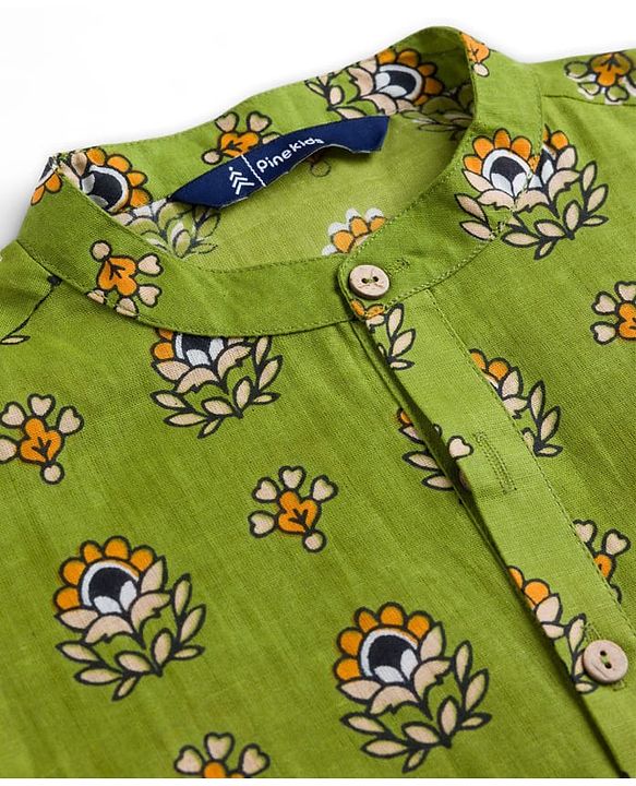 Pine Kids Cotton Woven Full Sleeves Floral Printed Kurta  - Green