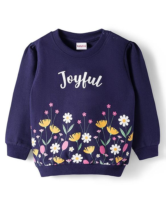 Babyhug Cotton Knit Full Sleeves Sweatshirt With Floral Graphics - Navy Blue
