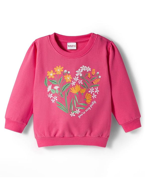 Babyhug Cotton Knit Full Sleeves Sweatshirt With Floral Graphics - Pink