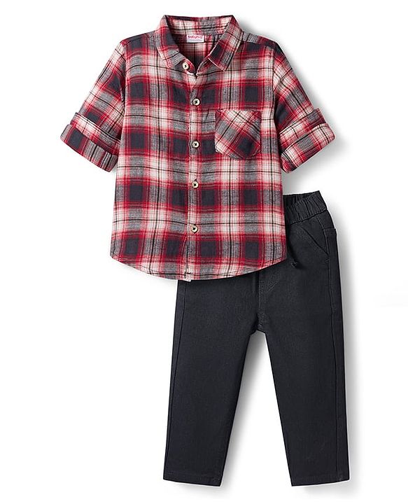 Babyhug Cotton Woven Full Sleeves Checks Shirt & Jeans Set - Maroon & Black