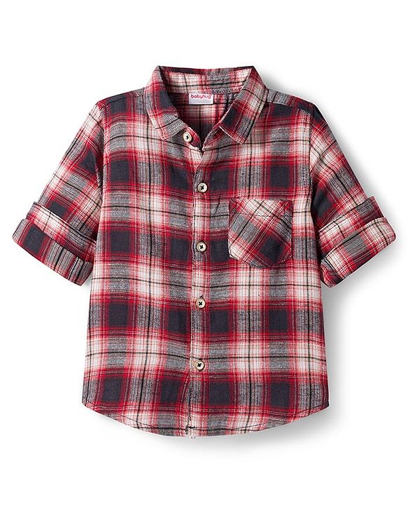 Babyhug Cotton Woven Full Sleeves Checks Shirt & Jeans Set - Maroon & Black