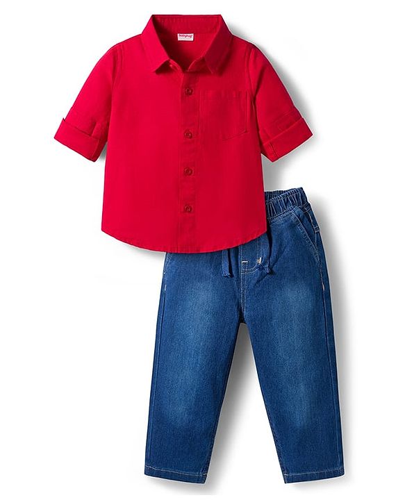 Babyhug Cotton Woven Full Sleeves Solid Color Shirt & Jeans Set - Red & Blue