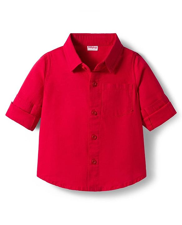 Babyhug Cotton Woven Full Sleeves Solid Color Shirt & Jeans Set - Red & Blue