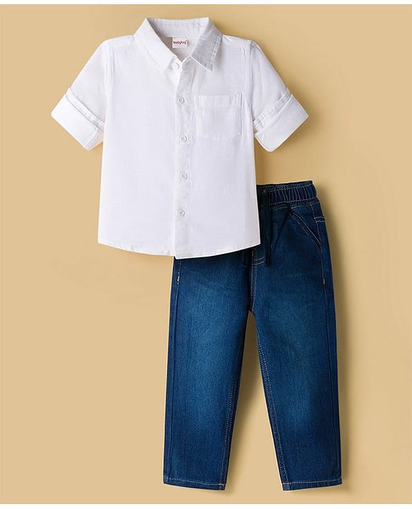 Babyhug Cotton Woven Full Sleeves Solid Shirt and Denim Jeans Set - White