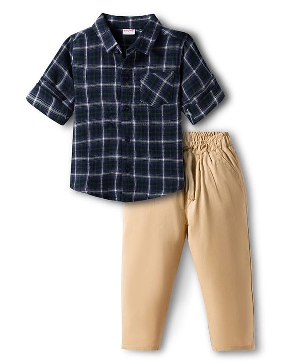 Babyhug Cotton Woven Full Sleeves Checkered Shirt & Trouser Set - Blue & Beige