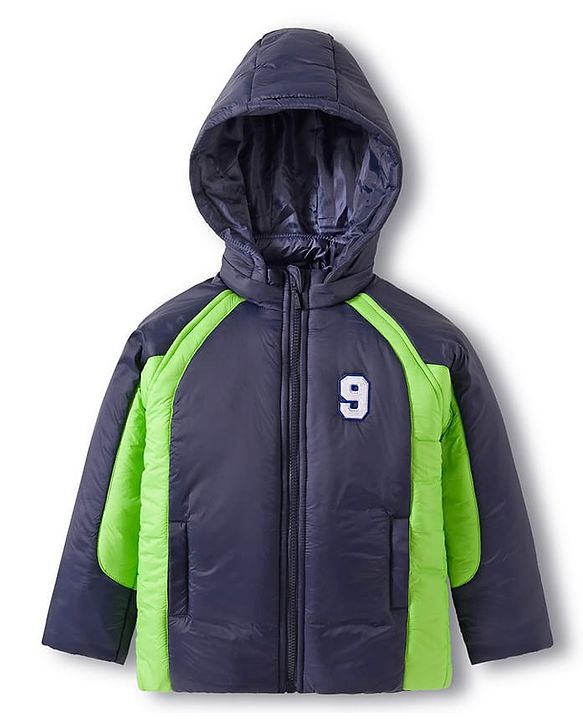 Babyhug Woven Full Raglan Sleeves Hooded Padded Jacket With Number Patch - Navy Blue & Green