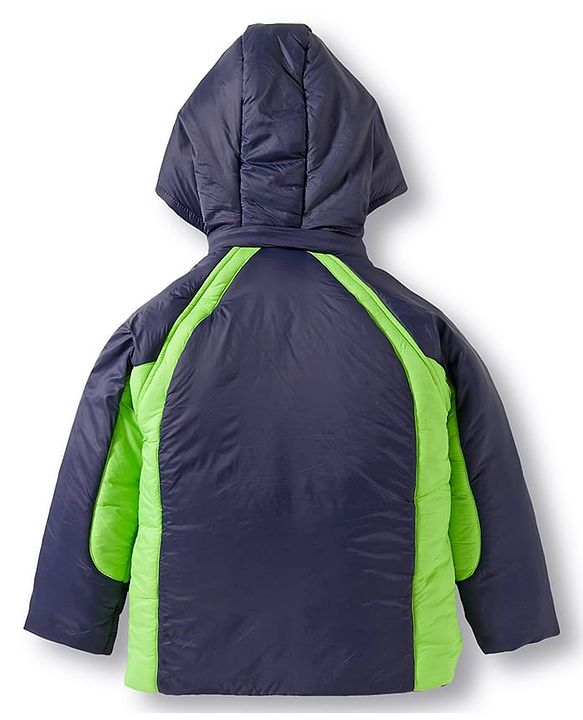 Babyhug Woven Full Raglan Sleeves Hooded Padded Jacket With Number Patch - Navy Blue & Green
