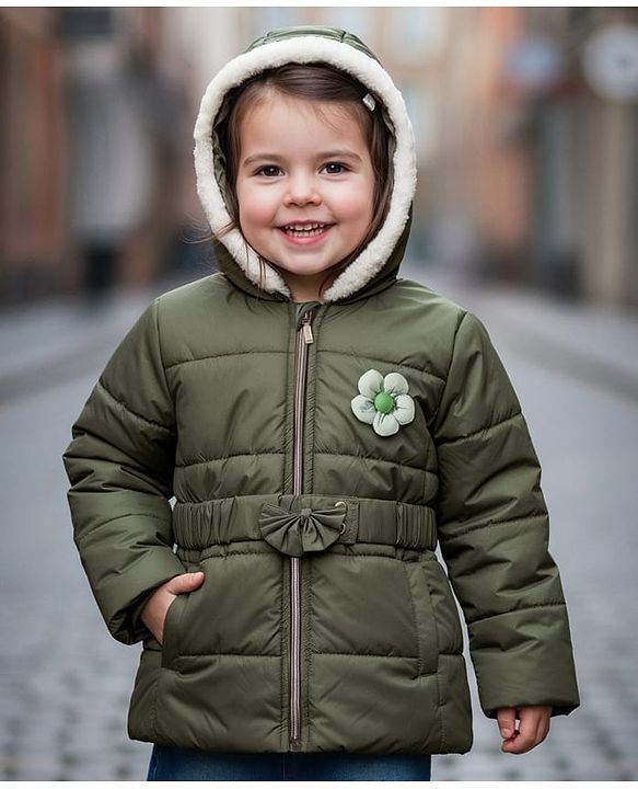 Babyhug Woven Full Sleeves Hooded Padded Jacket with Floral Applique & Belt - Olive Green