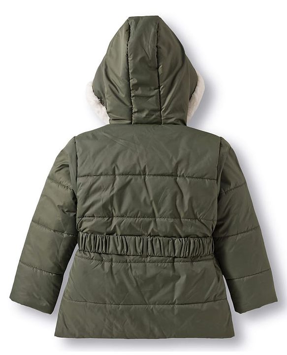 Babyhug Woven Full Sleeves Hooded Padded Jacket with Floral Applique & Belt - Olive Green