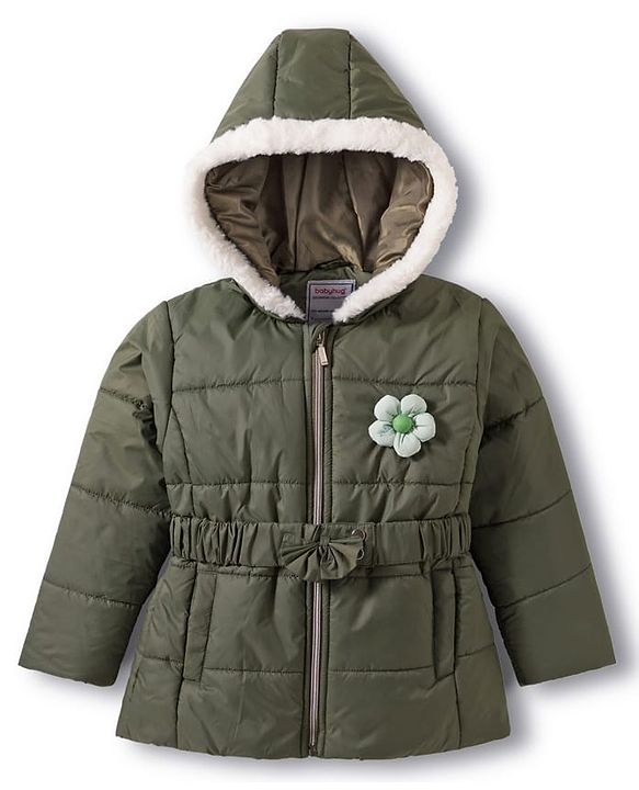 Babyhug Woven Full Sleeves Hooded Padded Jacket with Floral Applique & Belt - Olive Green