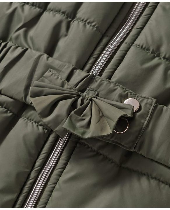Babyhug Woven Full Sleeves Hooded Padded Jacket with Floral Applique & Belt - Olive Green
