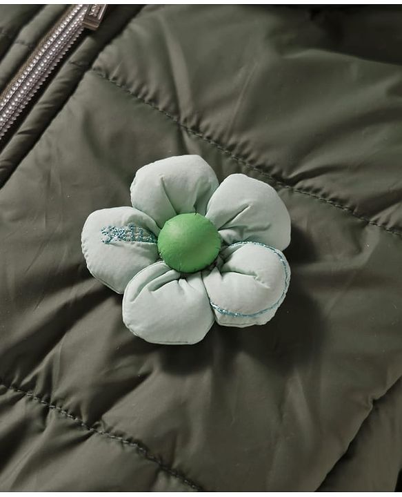 Babyhug Woven Full Sleeves Hooded Padded Jacket with Floral Applique & Belt - Olive Green