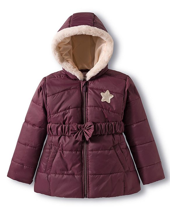 Babyhug Woven Full Sleeves Hooded Padded Jacket with Bow Belt - Wine