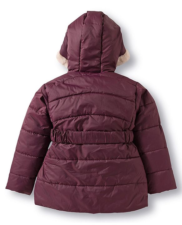Babyhug Woven Full Sleeves Hooded Padded Jacket with Bow Belt - Wine