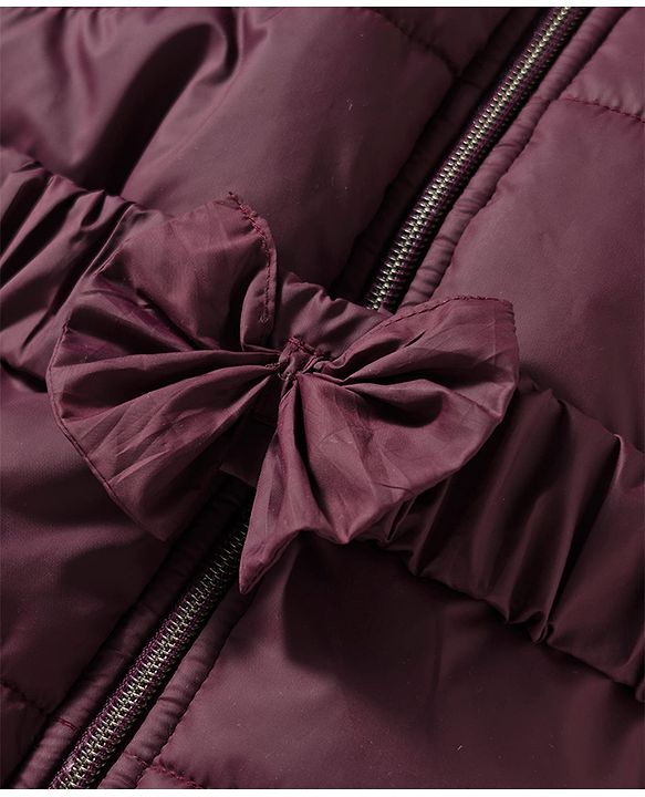 Babyhug Woven Full Sleeves Hooded Padded Jacket with Bow Belt - Wine