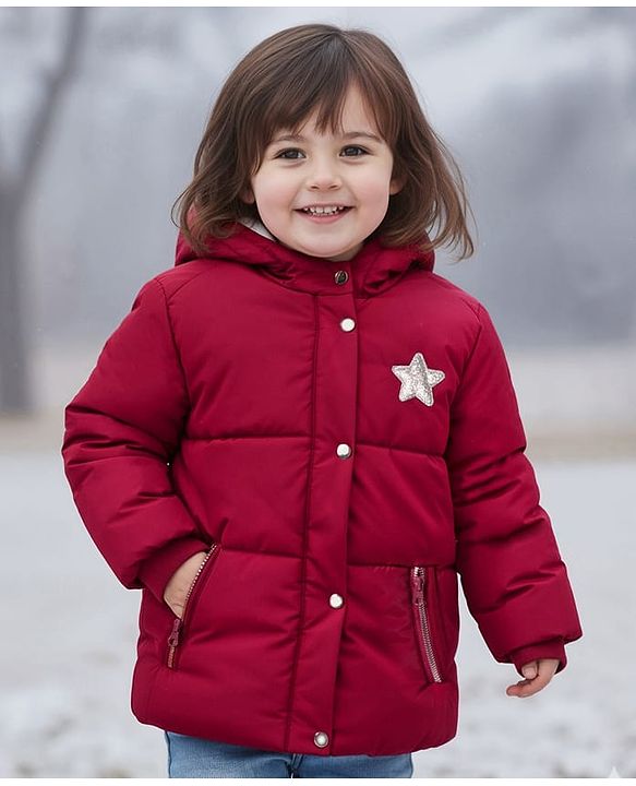 Babyhug Woven Full Sleeves Hooded Coat with Glittery Star Print - Maroon