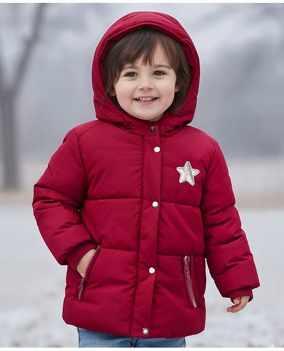 Babyhug Woven Full Sleeves Hooded Coat with Glittery Star Print - Maroon