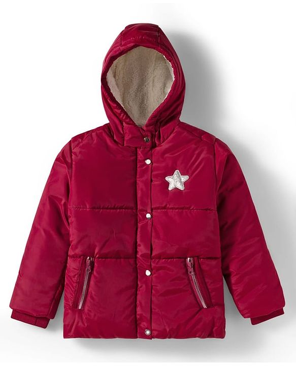 Babyhug Woven Full Sleeves Hooded Coat with Glittery Star Print - Maroon