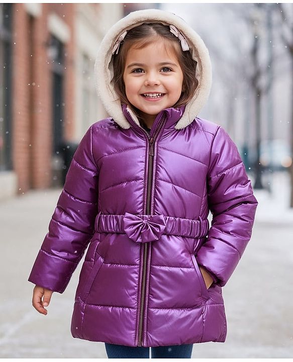 Babyhug Woven Full Sleeves Knee Length Hooded Padded Jacket with Bow Applique - Purple