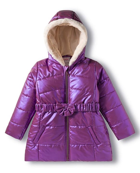 Babyhug Woven Full Sleeves Knee Length Hooded Padded Jacket with Bow Applique - Purple