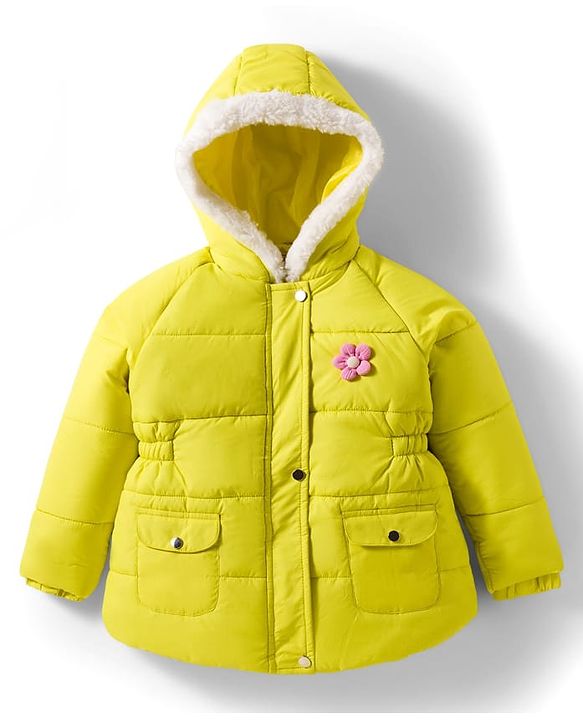 Babyhug Woven Full Raglan Sleeves Hooded Padded Jacket With Floral Applique - Lime Green