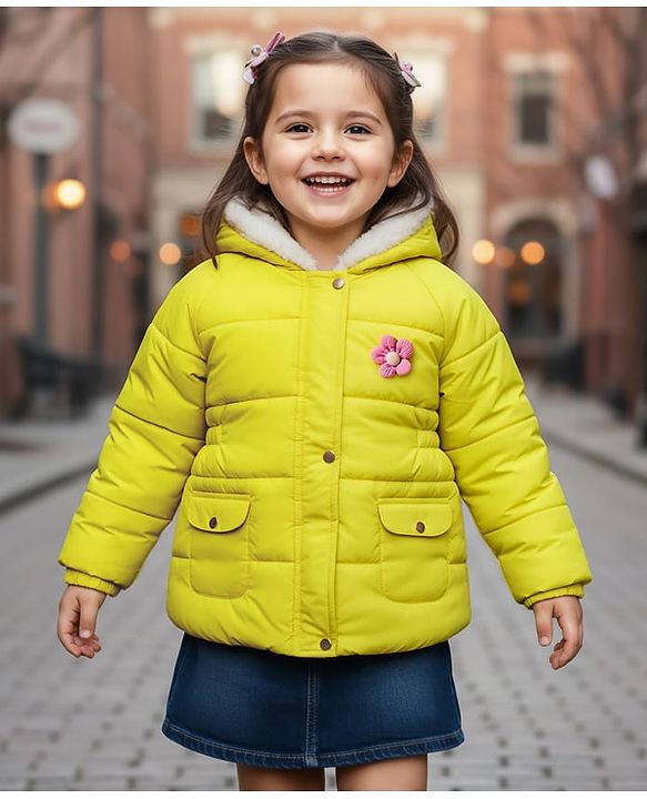 Babyhug Woven Full Raglan Sleeves Hooded Padded Jacket With Floral Applique - Lime Green