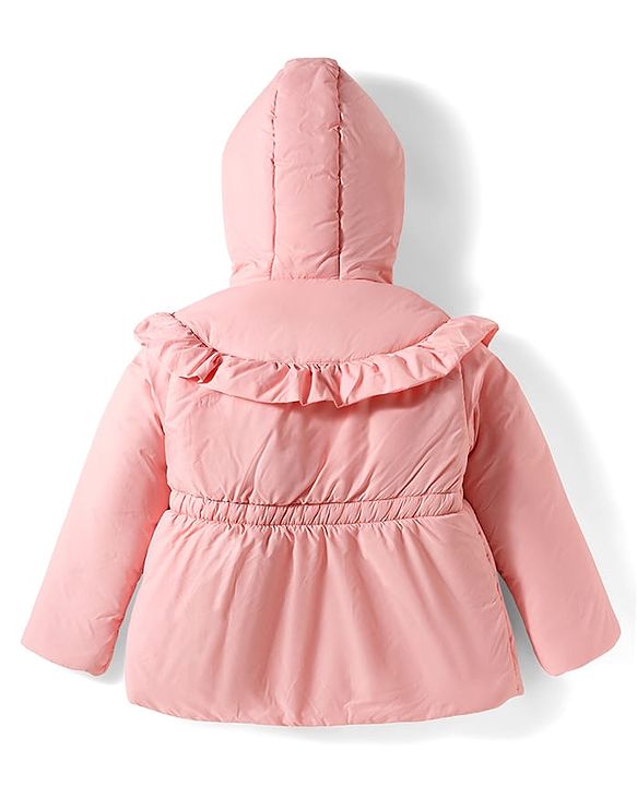Babyhug Woven Full Sleeves Hooded Jacket with Frill Detailing Cinched Waist & Kitty Applique - Pink