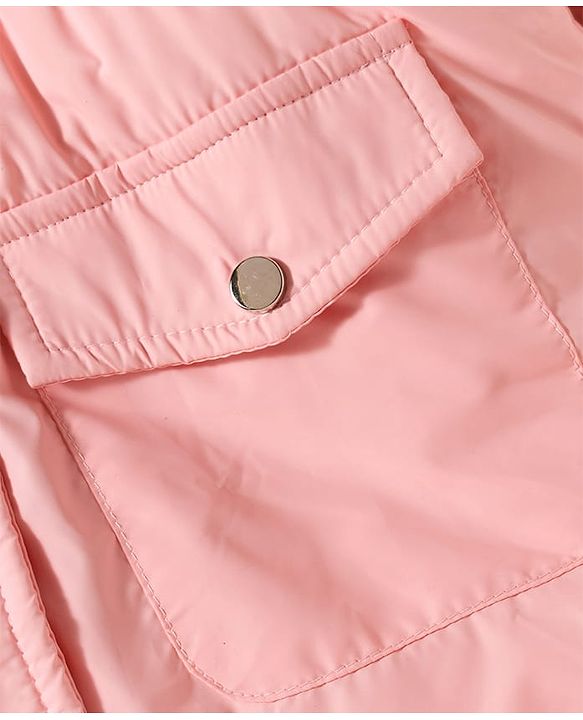 Babyhug Woven Full Sleeves Hooded Jacket with Frill Detailing Cinched Waist & Kitty Applique - Pink