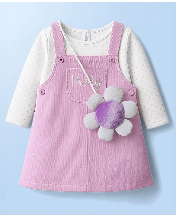 Babyhug Cotton Woven Full Sleeves Frock With Polka Dot Printed Inner Tee & Sling Bag - Lavender