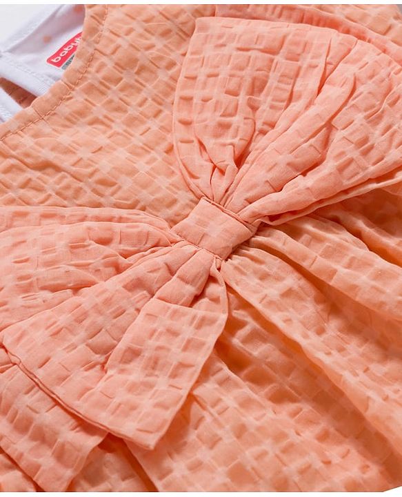 Babyhug Cotton Woven Half Sleeves Frock With Inner Tee & Polka Dot Print - Peach