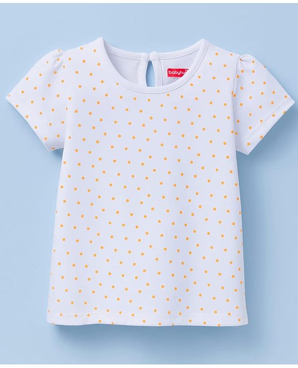 Babyhug Cotton Woven Half Sleeves Frock With Inner Tee & Polka Dot Print - Peach