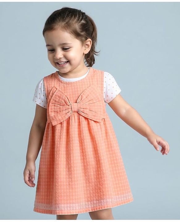 Babyhug Cotton Woven Half Sleeves Frock With Inner Tee & Polka Dot Print - Peach