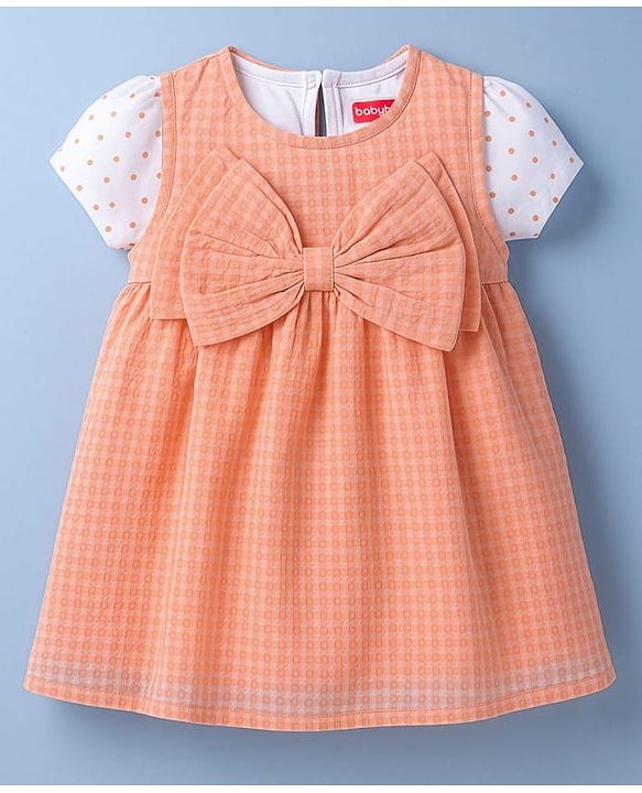 Babyhug Cotton Woven Half Sleeves Frock With Inner Tee & Polka Dot Print - Peach
