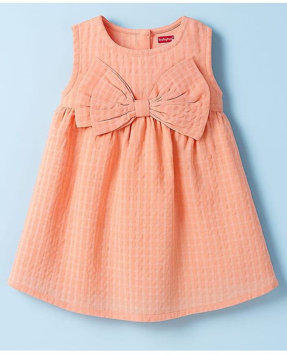 Babyhug Cotton Woven Half Sleeves Frock With Inner Tee & Polka Dot Print - Peach