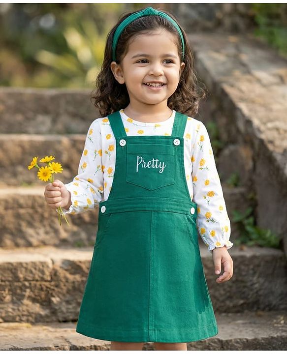 Babyhug Cotton Woven Frock & Full Sleeves Inner Tee With Floral Print & Embroidery Detailing - Green