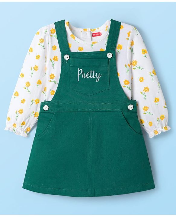 Babyhug Cotton Woven Frock & Full Sleeves Inner Tee With Floral Print & Embroidery Detailing - Green